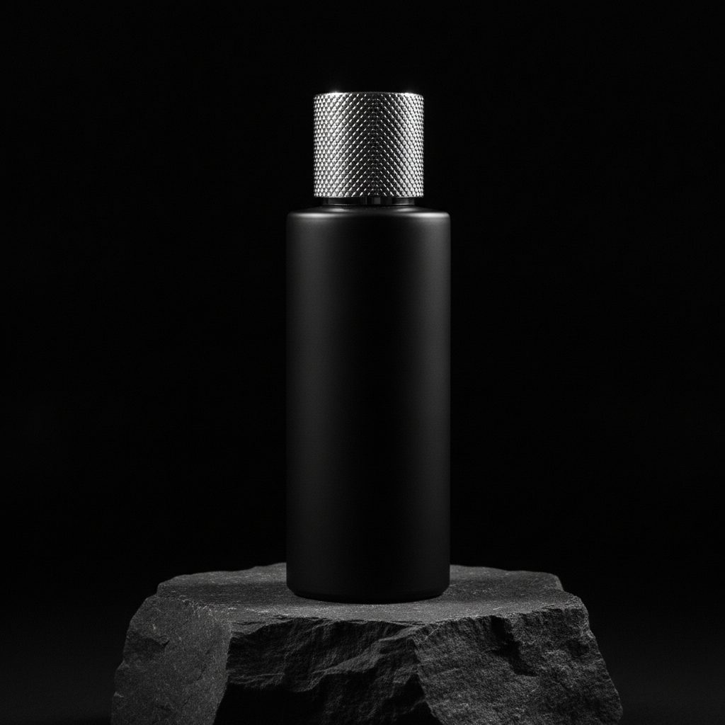 Sleek cylindrical matte black perfume bottle with knurled silver metallic cap